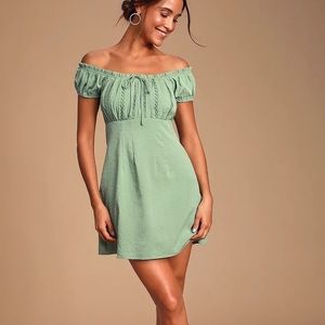 Lulu’s Wisteria sage green off the shoulder embroidered mini dress from NWT